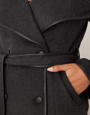 Sndys Wool Look Faux Leather Trim Collared Belted Double Breasted Maxi Coat In Gray