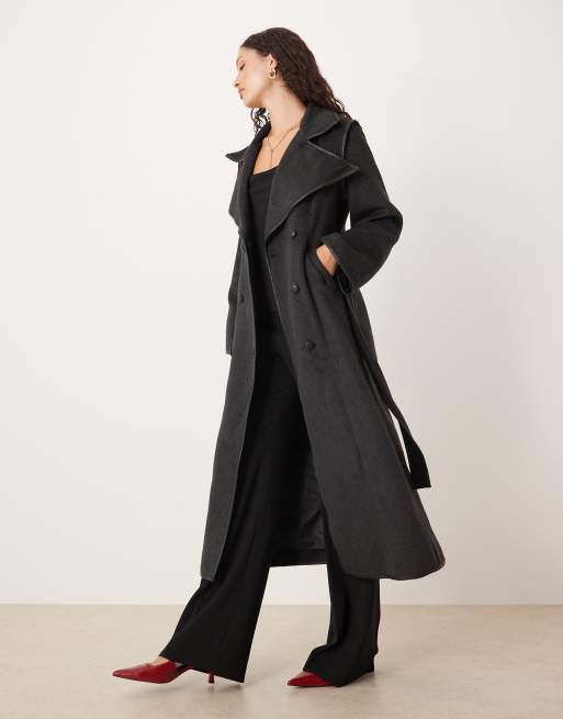 SNDYS wool look faux leather trim collared belted double breasted