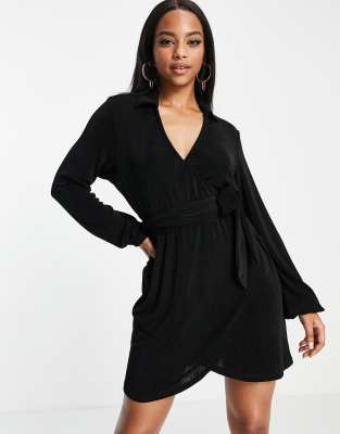 wrap tie front mini dress in black