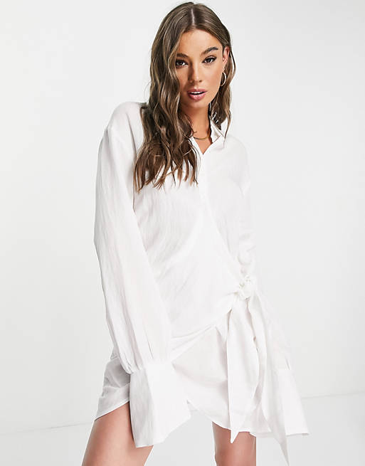 SNDYS x Molly King tie front shirt dress in white
