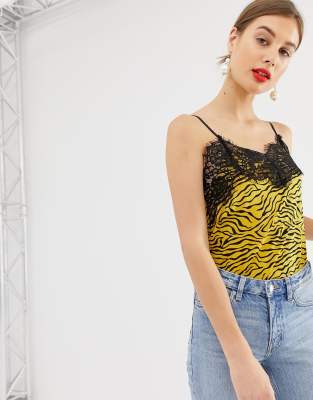 Soaked In Luxury  Podkoszulek z nadrukiem w zebr? i koronkowym wyko?czeniem-Wielokolorowy Honey tiger