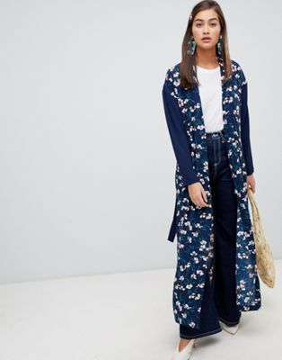 Soaked In Luxury - Kimono met bloemenprint en contrasterende mouwen-Blauw