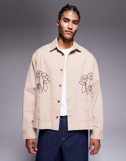 Sobrecamisa color piedra con dos bolsillos y bordados posicionales de ASOS DESIGN