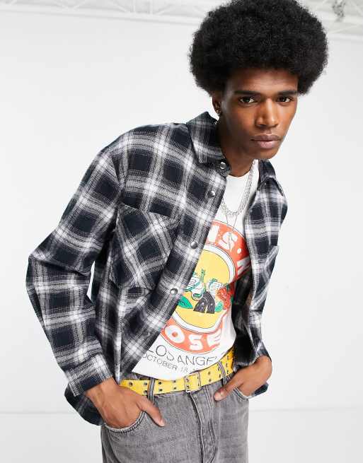 Sobrecamisa negra a cuadros de corte cuadrado extragrande de franela de ADPT 