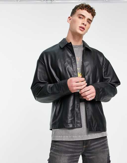 Chaqueta Harrington corta negra de cuero auténtico de ASOS DESIGN