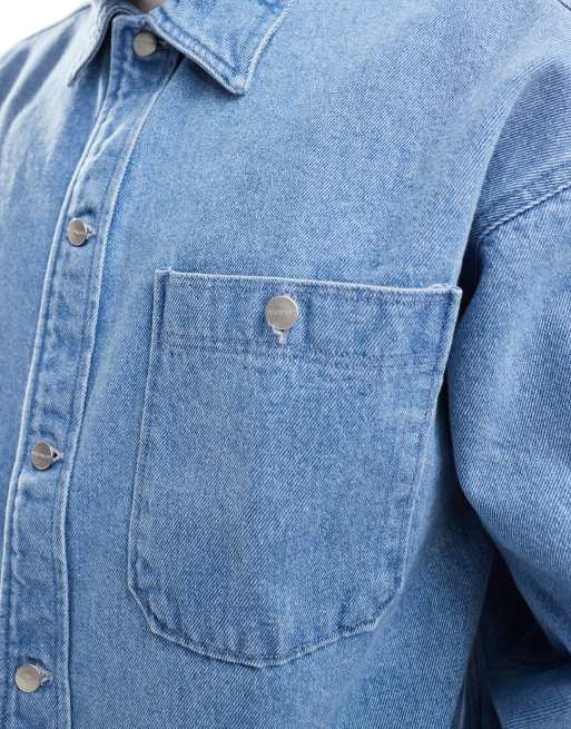Sobrecamisa vaquera azul lavado extragrande de tejido grueso de Jack & Jones, 3 de 4