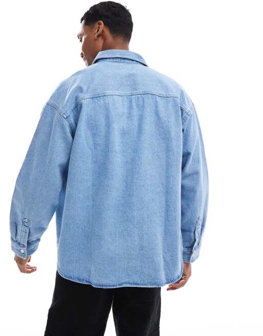 Sobrecamisa vaquera azul lavado extragrande de tejido grueso de Jack & Jones, 4 de 4