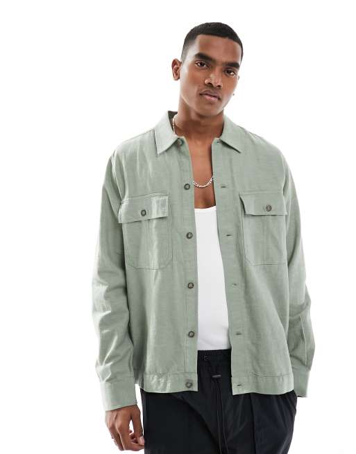 Sobrecamisa verde salvia con detalle de bolsillo de mezcla de lino de ONLY & SONS, 3 de 4