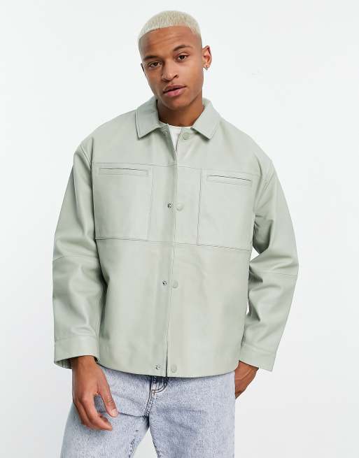 Sobrecamisa verde salvia extragrande de cuero auténtico de ASOS DESIGN