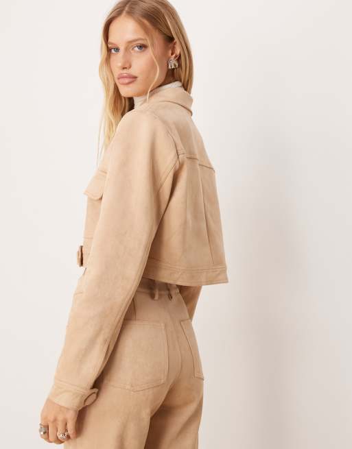 Soho Wardrobe cropped faux suede jacket in beige, 4 of 4