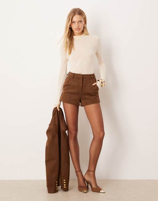 Soho Wardrobe faux suede high waisted A line shorts in dark brown, 2 of 5