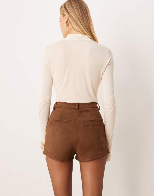 Soho Wardrobe faux suede high waisted A line shorts in dark brown, 4 of 5