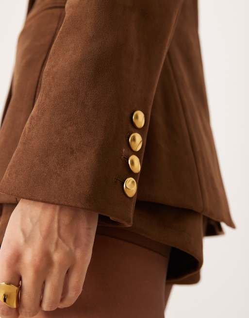 Soho Wardrobe faux suede waist cinching blazer in dark brown, 3 of 4