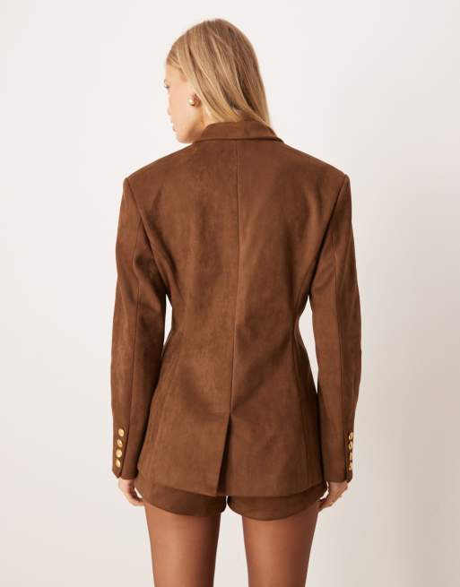 Soho Wardrobe faux suede waist cinching blazer in dark brown, 4 of 4