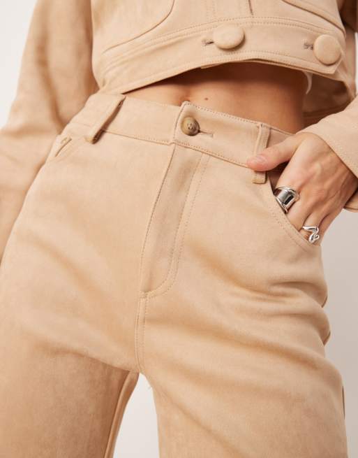 Soho Wardrobe high waisted faux suede trousers in beige, 3 of 5