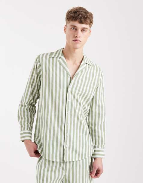 Sol Beach beach shirt co-ord in green and white stripe