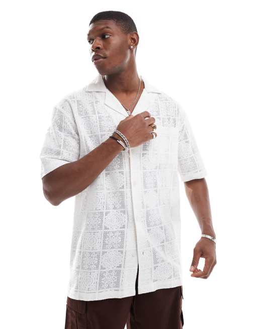 Sol Beach - Camicia a maniche corte all'uncinetto color panna