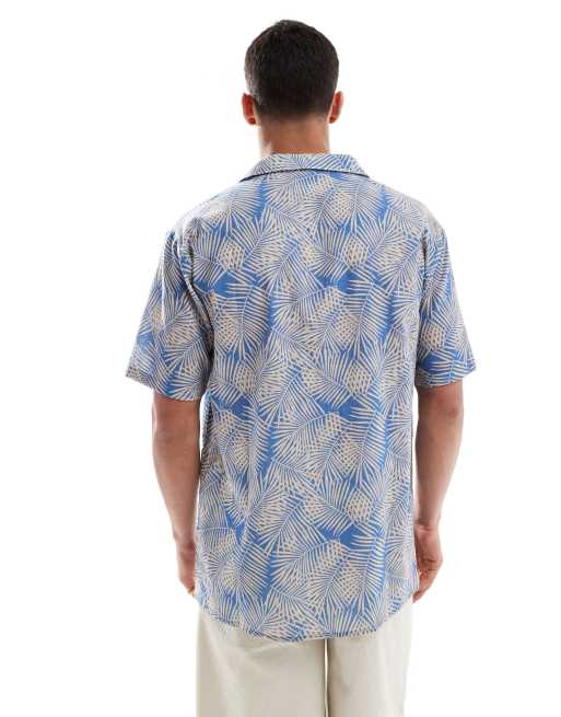 Sol Beach - Chemise de plage en lin à imprimé palmier - Bleu clair, 3 de 4