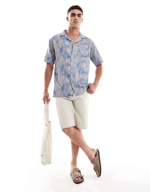 Sol Beach - Chemise de plage en lin à imprimé palmier - Bleu clair, 4 de 4