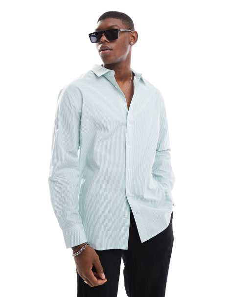 Sol Beach - Gestreept seersucker strandoverhemd met lange mouwen in groen en wit - view 1