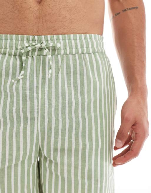 Sol Beach - Gestreepte linnen strandshort in olijfgroen en wit, 4 van 5