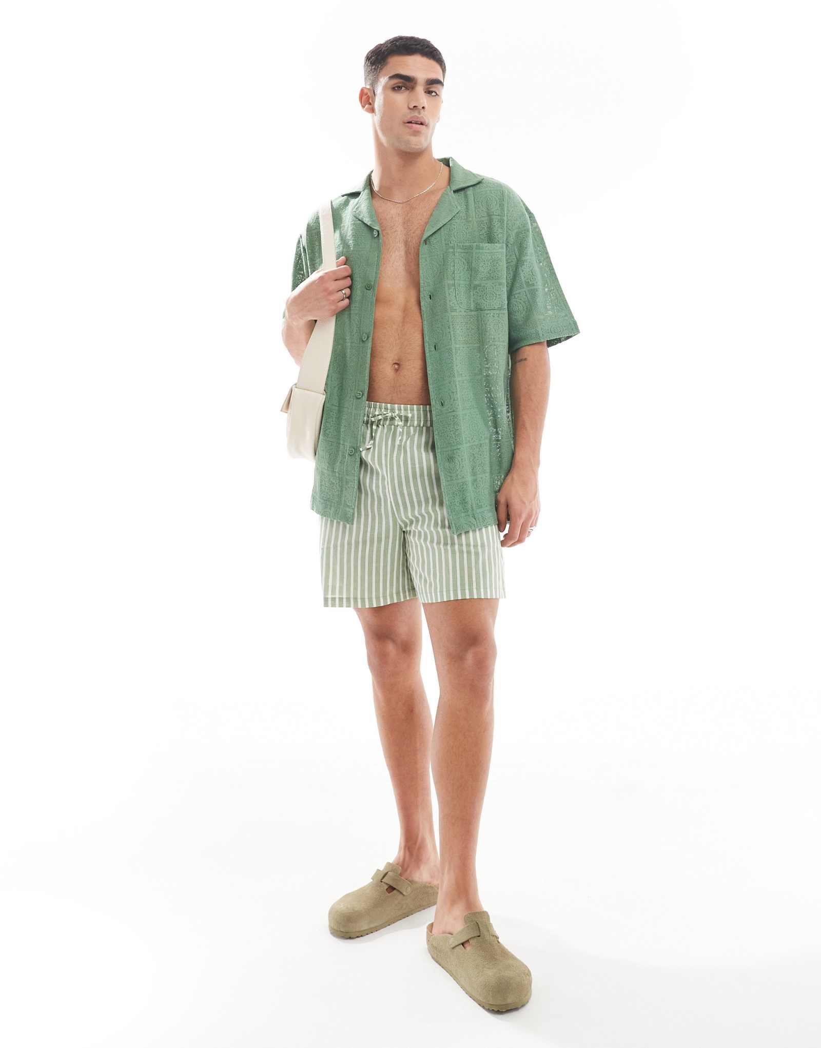 Пляжные шорты Sol Beach linen mix в полоску оливкового и белого цветов
