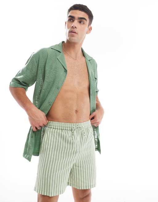 Sol Beach linen stripe beach shorts in olive and white stripe ASOS