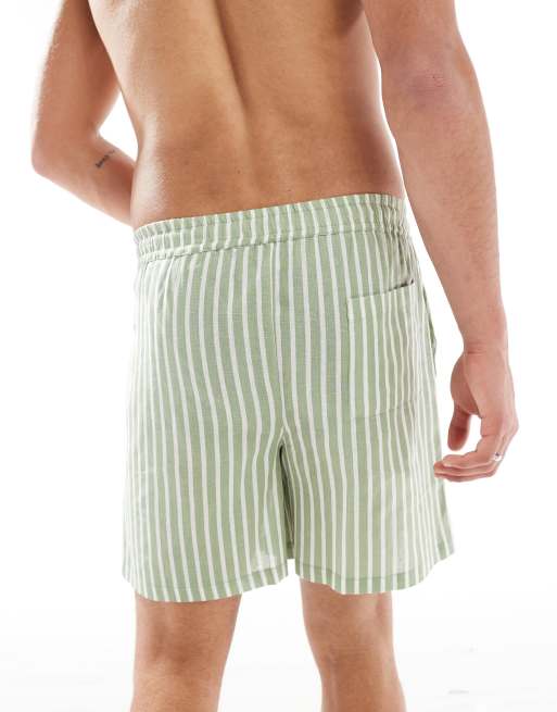 Sol Beach linen stripe beach shorts in olive and white stripe, 5 of 5