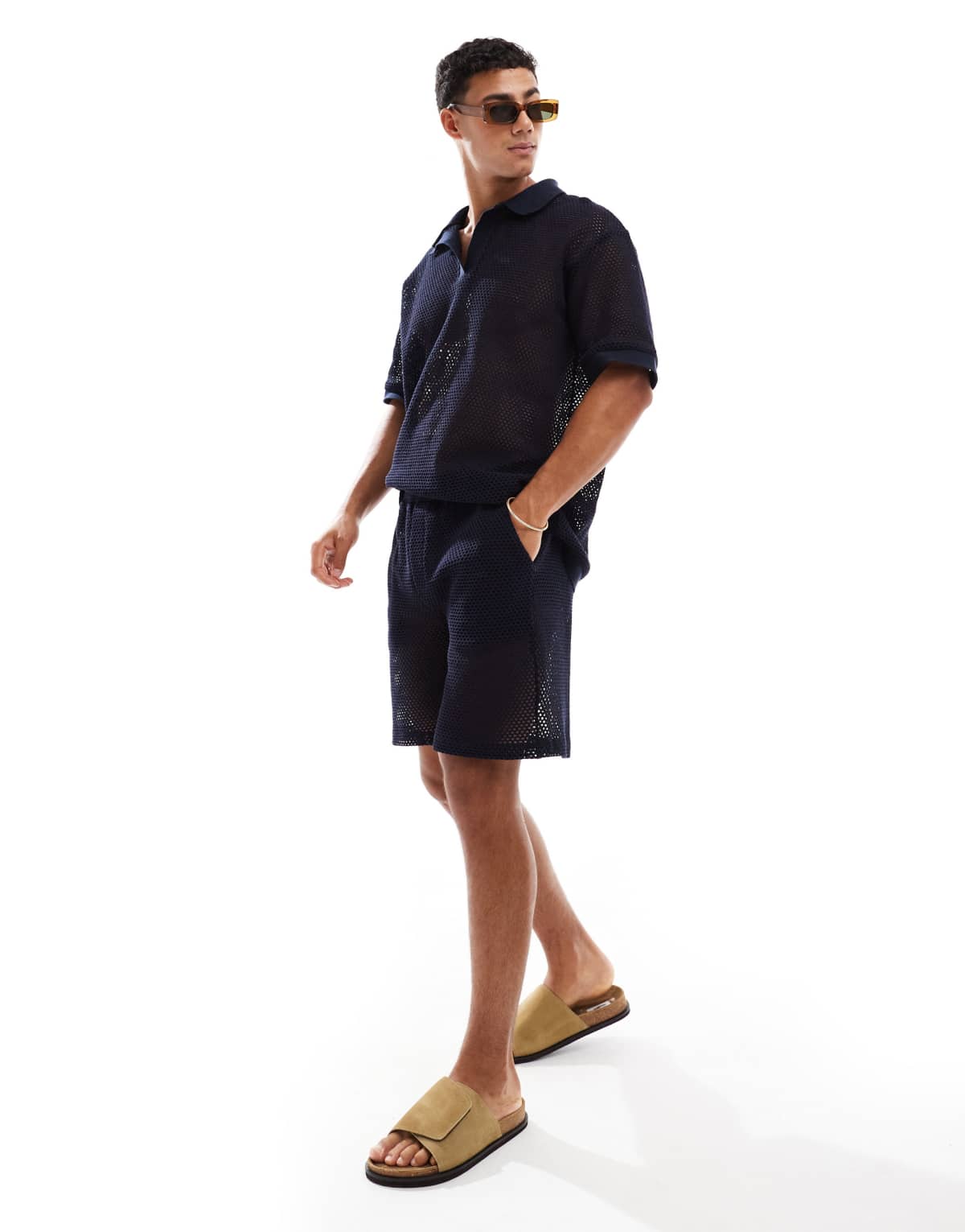Sol Beach open knit beach shirt in navy