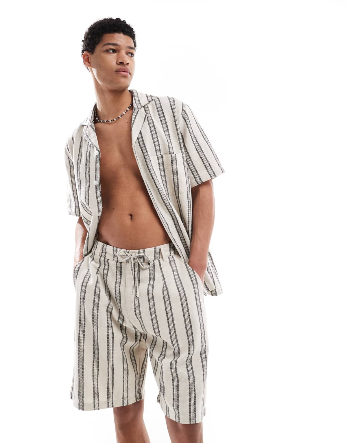 Sol Beach stripe crochet beach co-ord in grey and white