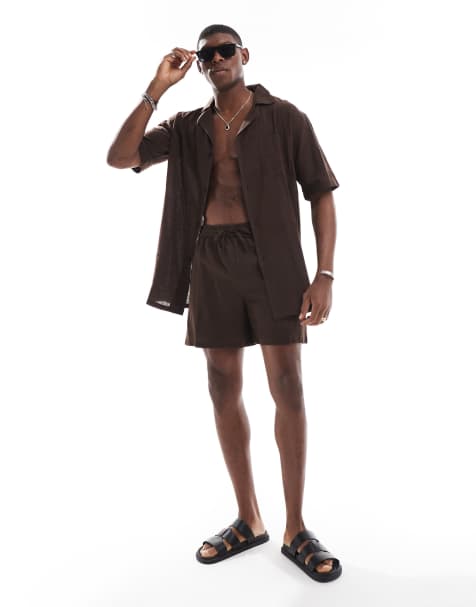 sol beach textured drawstring beach shorts in brown - view 1