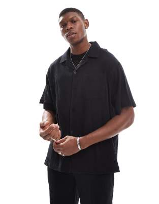Sol Beach textured short sleeve beach shirt co-ord in black