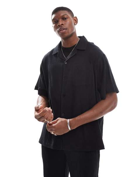 sol beach textured short sleeve beach shirt in black - part of a set - view 1
