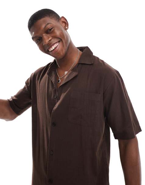 Sol Beach textured short sleeve beach shirt in brown (part of a set) - view 1