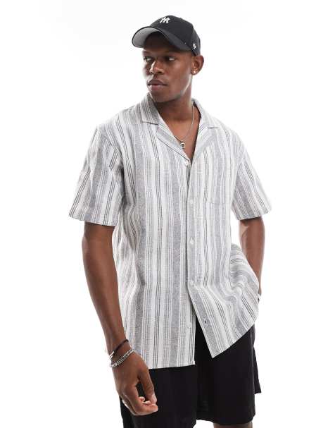 Sol Beach textured stripe short sleeve beach shirt in grey and white - view 1
