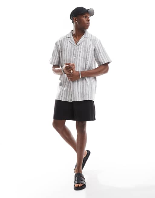 Sol Beach textured stripe short sleeve beach shirt in grey and white, 2 of 4