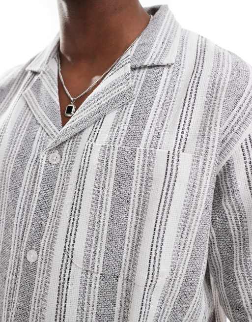 Sol Beach textured stripe short sleeve beach shirt in grey and white, 3 of 4