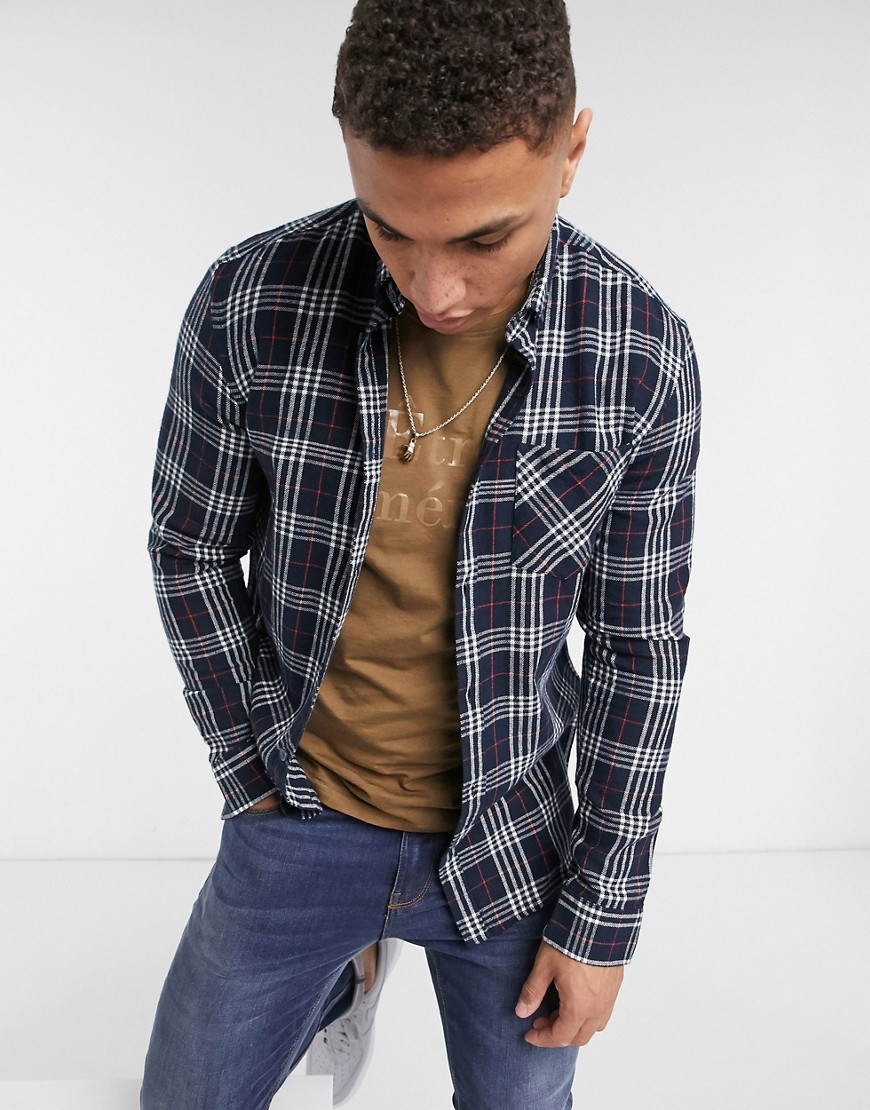 Solid brushed check shirt in navy