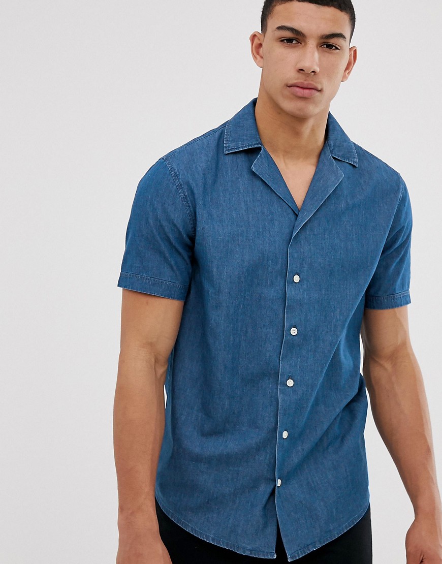 Solid - Camicia slim in chambray con rever-Blu