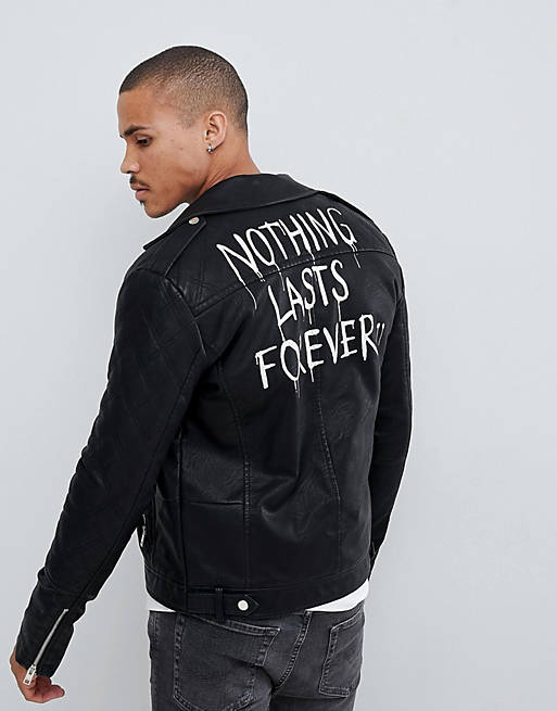 Måned forsvinde hår Solid faux leather biker jacket with back print | ASOS
