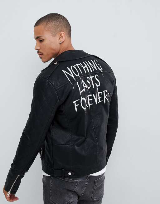 Leather Look Biker Jacket With Back Print