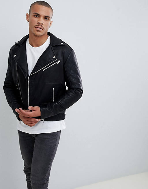 Solid faux leather biker jacket with back print
