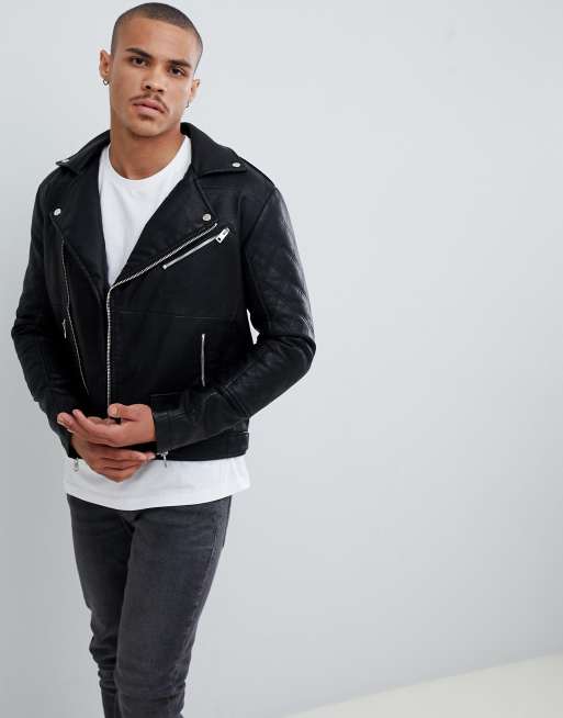 Leather Look Biker Jacket With Back Print