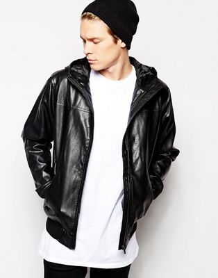 black faux leather hooded jacket