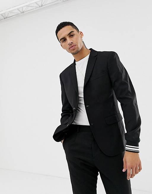Solid party suit blazer with stripe cuff sleeve in black