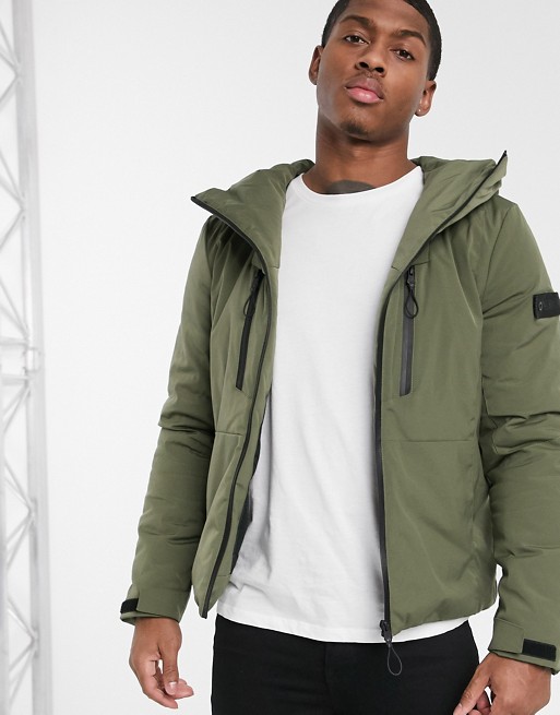 Solid quilted jacket with funnel neck in green