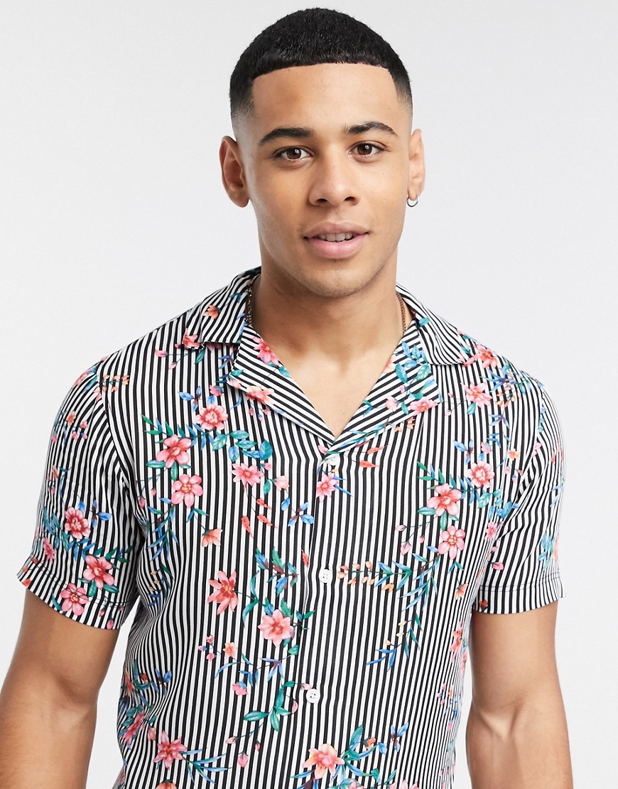 Solid – Randig och blommig skjorta med smal passform och platt krage-Blå