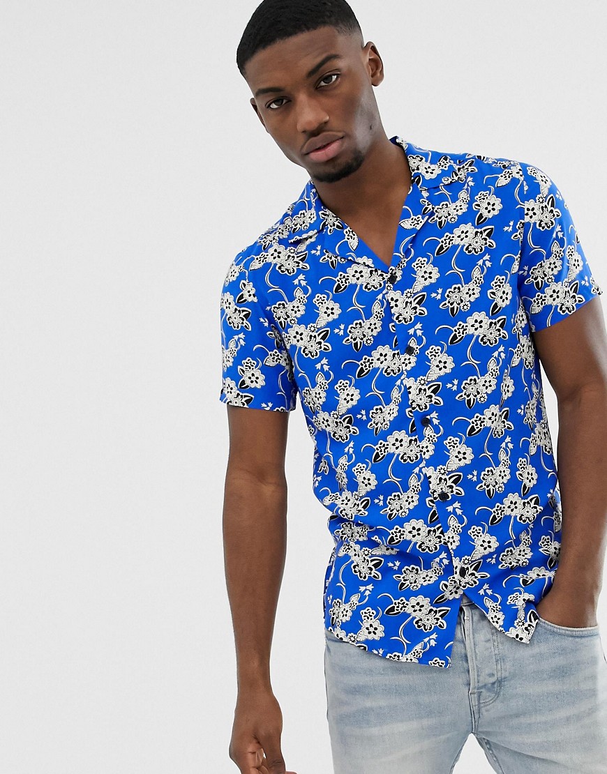 Solid - Slim-fit overhemd met reverskraag en hibiscusprint-Blauw