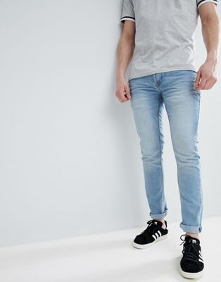 Solid - Smalle stretch jeans in bleach wash-Blauw