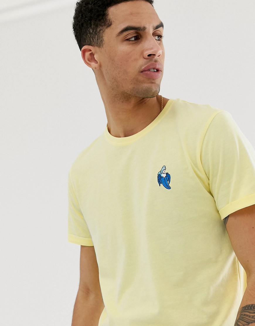 Solid - T-shirt gialla con squalo ricamato-Giallo